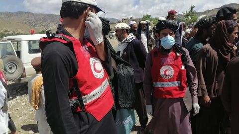 Volunteers from the Afghan Red Crescent Society in Giyan district, Paktika province, Afghanistan, on June 22.