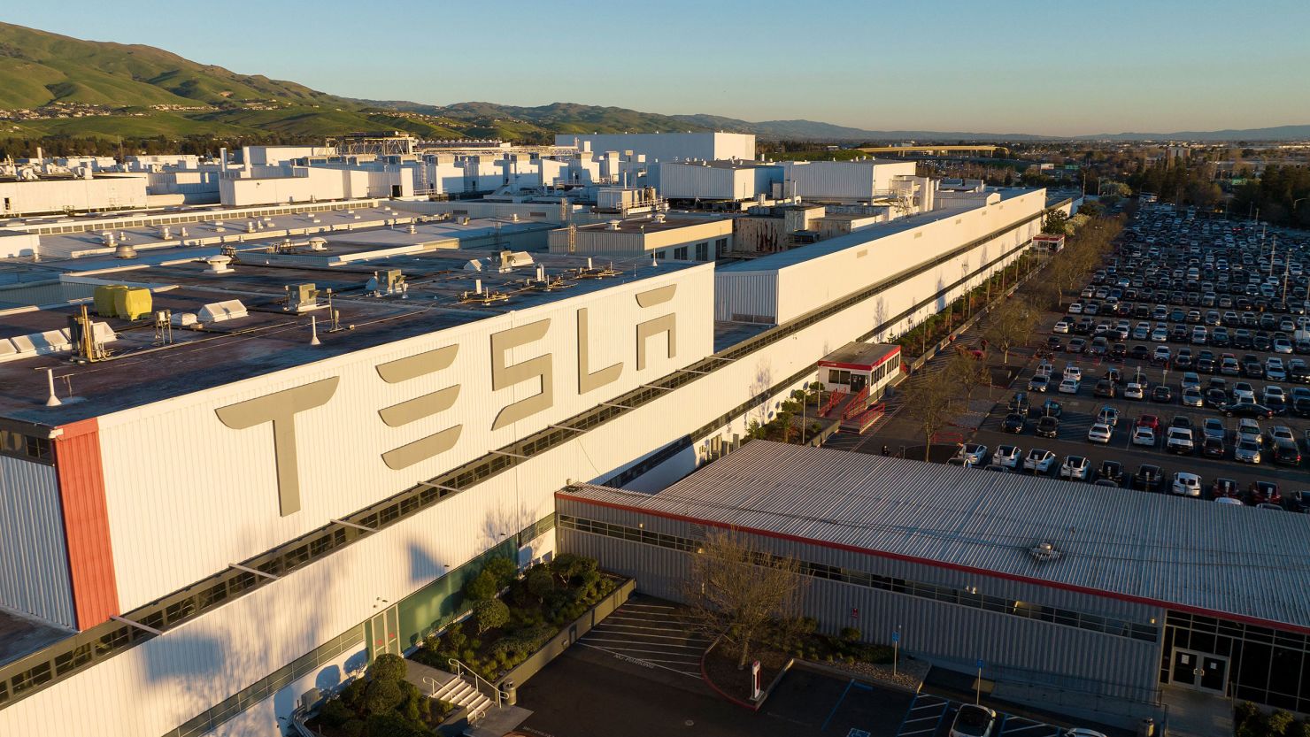 An aerial view shows the Tesla Fremont Factory in Fremont, California on February 10, 2022.