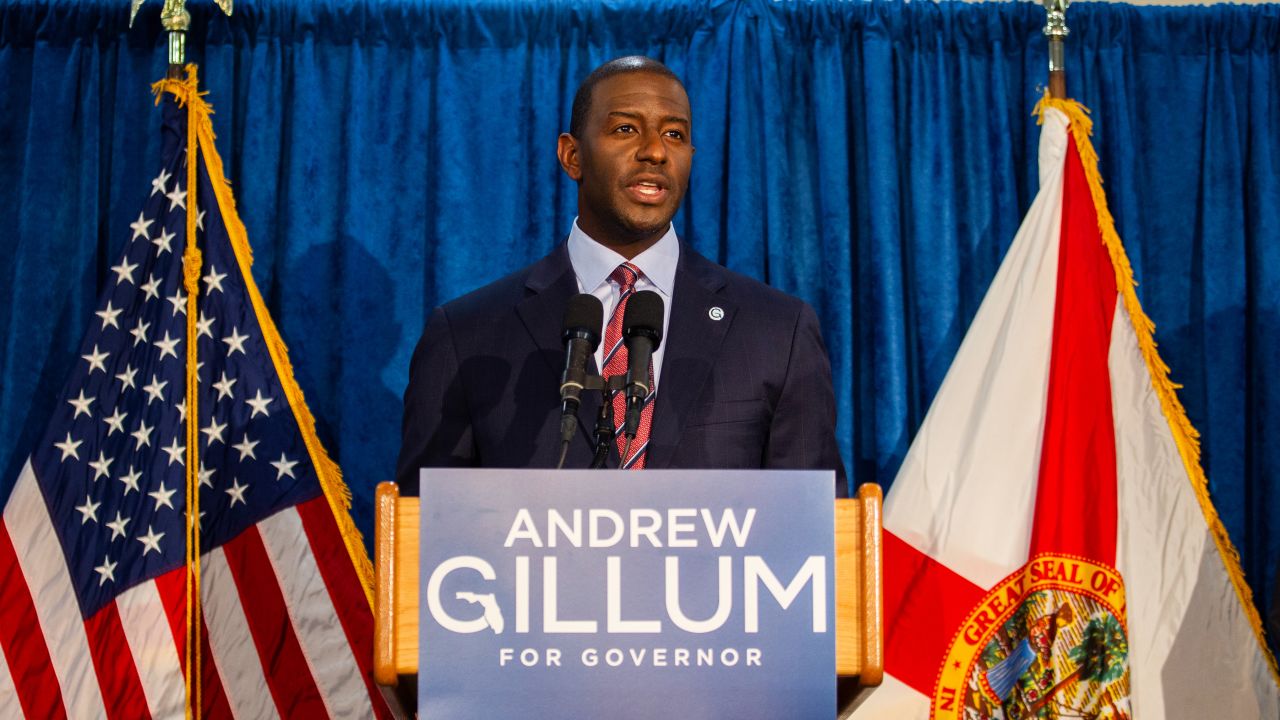 Then-Florida gubernatorial candidate Andrew Gillum holds a press conference on November 10, 2018, in Tallahassee, Florida. 