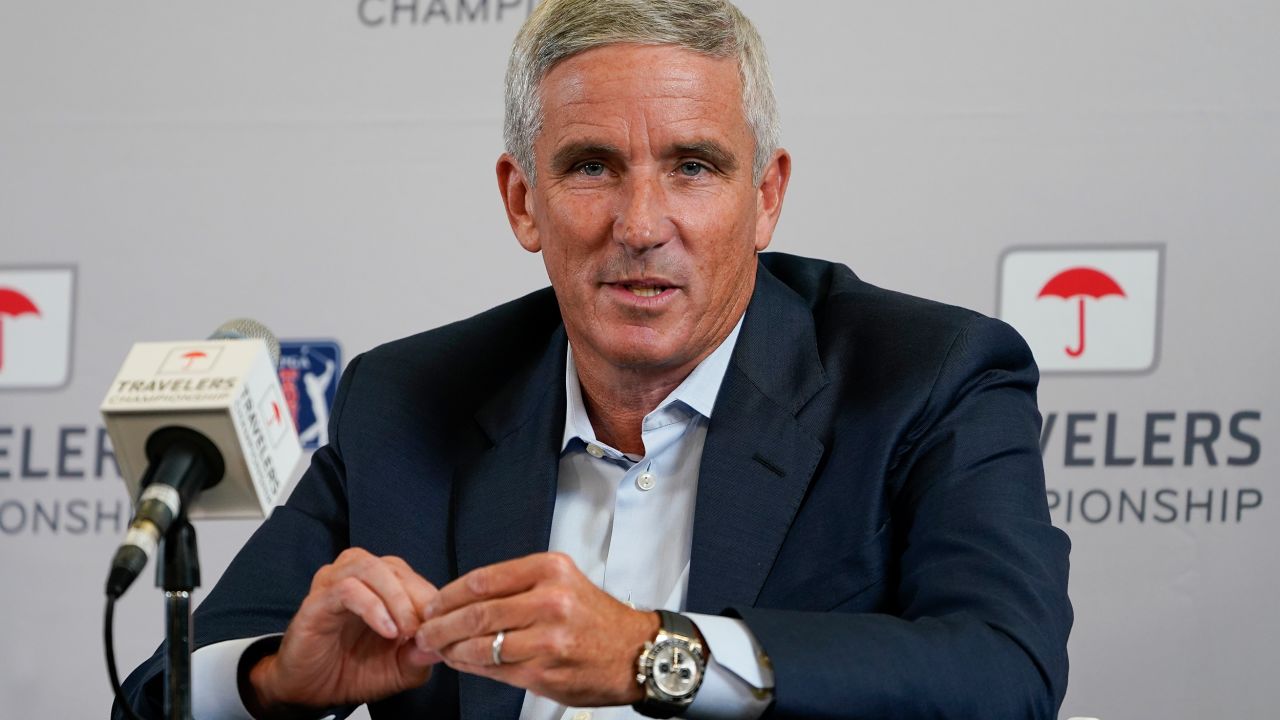 PGA Tour Commissioner Jay Monahan speaks during a news conference before the start of the Travelers Championship golf tournament on June 22, 2022.