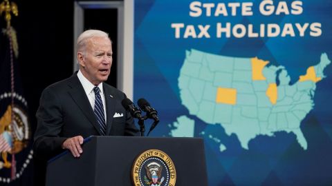 U.S. President Joe Biden calls for a federal gas tax holiday as he speaks about gas prices during remarks in the Eisenhower Executive Office Building's South Court Auditorium at the White House in Washington, U.S., June 22, 2022. 