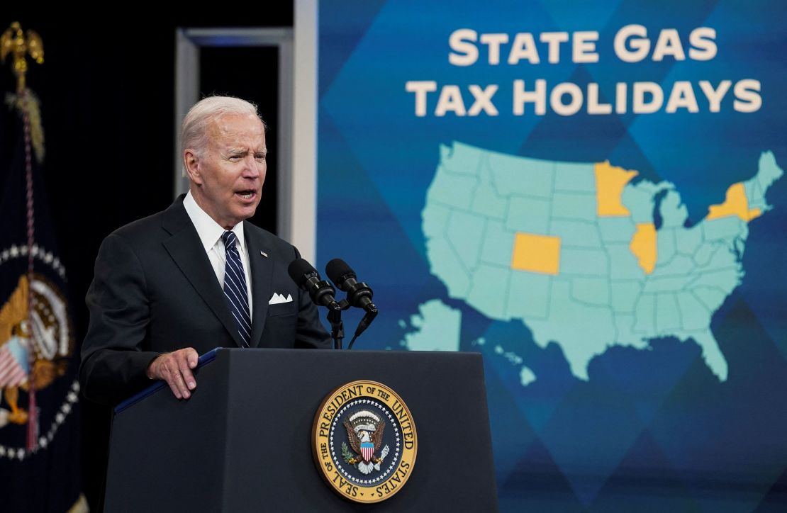 President Joe Biden calls for a federal gas tax holiday as he speaks about gas prices during remarks in the Eisenhower Executive Office Building's South Court Auditorium at the White House on June 22, 2022. 