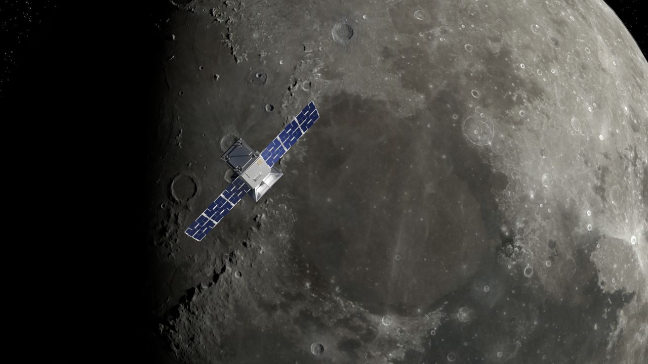 CAPSTONE is seen over the lunar north pole in this illustration.