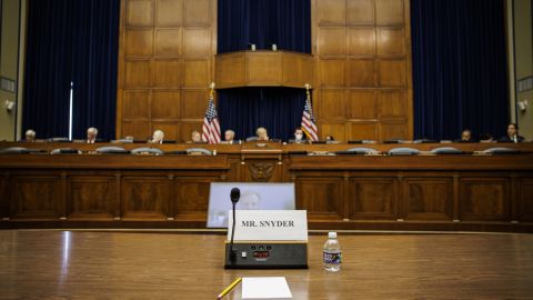 An empty seat marked for Dan Snyder, owner of the Washington Commanders football team, is seen during a House Oversight and Reform Committee hearing in Washington on Wednesday.