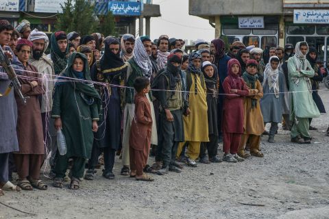 People queue up in a line to donate blood for the earthquake victims being treated at a hospital in Paktika, Afghanistan.