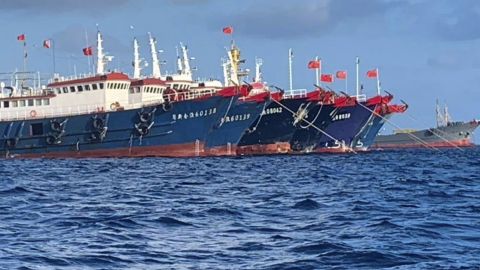 Chinese vessels moored at Whitsun Reef in the South China Sea in 2021.