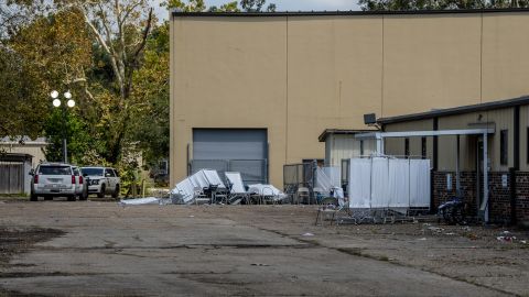 Wheelchairs and medical equipment outside a warehouse in Independence, Louisiana, used to house nursing home residents during Hurricane Ida.