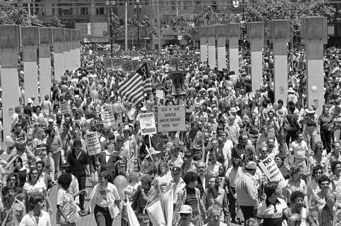 Gay Freedom Day Parade participants march through United Nations Plaza in San Francisco on June 25, 1978. The event drew gay and straight sympathizers from all across the nation who gathered to watch 100 decorated floats and 250 groups of banner-carrying marchers. The parade attracted an estimated 240,000, including participants, police said.