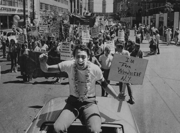 Harvey Milk at San Francisco's Gay Pride Parade in 1978. 