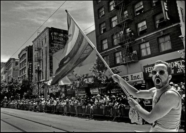 A Pride flag is waved during the International Lesbian & Gay Freedom Day Parade in San Francisco in 1985. 