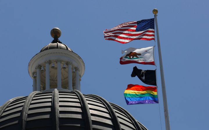 The rainbow flag, waving at the state Capitol in Sacramento, California, in 2019 after Gov. Gavin Newsom ordered the flag be flown at the Capitol through July 1 in honor of Pride.
