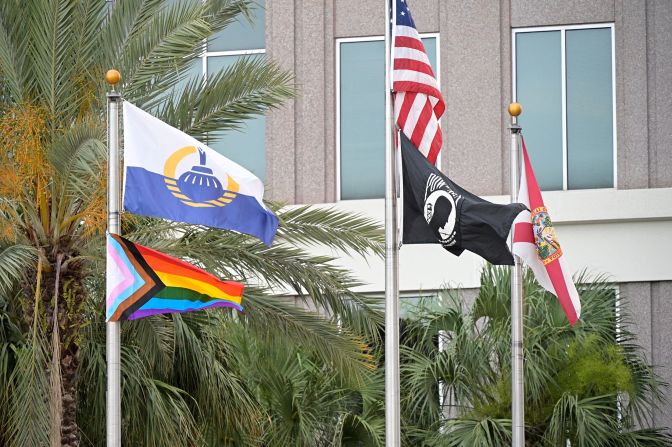 A Progress Pride flag is flown in front of City Hall on June 1, 2021 in Orlando, Florida. 