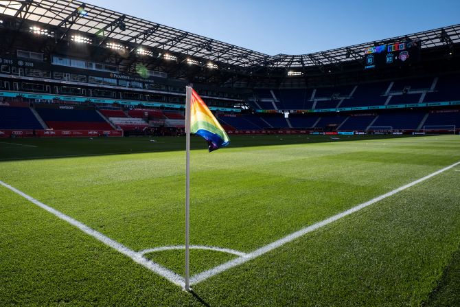 The corner flag with a rainbow for a Pride Night match at Red Bull Arena on June 4, 2022 in Harrison, New Jersey. 