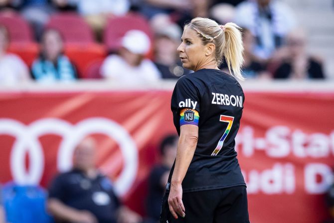 McCall Zerboni of NJ/NY Gotham FC shows "rainbow" support during the Pride Night match against the Washington Spirit on June 4, 2022 in Harrison, New Jersey. 