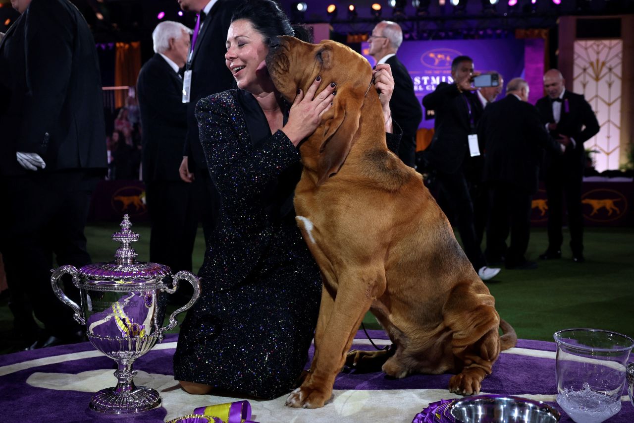 Trumpet, a bloodhound, kisses his handler Heather Helmer after winning Best in Show at the 146th Westminster Kennel Club Dog Show at the Lyndhurst Estate in Tarrytown, New York, on Wednesday, June 22.