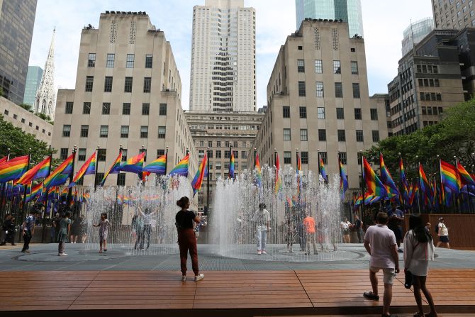 Pride flags flying at Rockefeller Center in New York City on June 21, 2022.