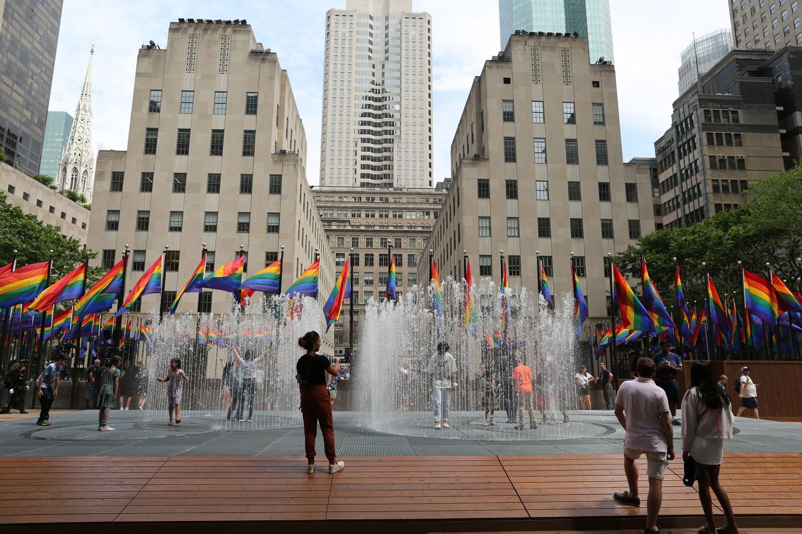 Pride flags flying at Rockefeller Center in New York City on June 21, 2022.