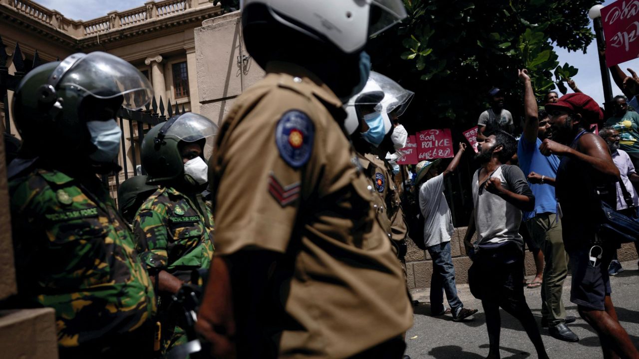 Demonstrators demand the release of protesters who were obstructing an entrance to Sri Lanka's Presidential Secretariat, amid the country's economic crisis, in Colombo on June 20.