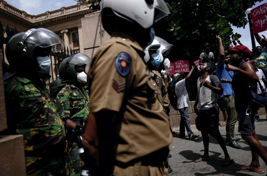 Demonstrators demand the release of protesters who were obstructing an entrance to Sri Lanka's Presidential Secretariat, amid the country's economic crisis, in Colombo on June 20.