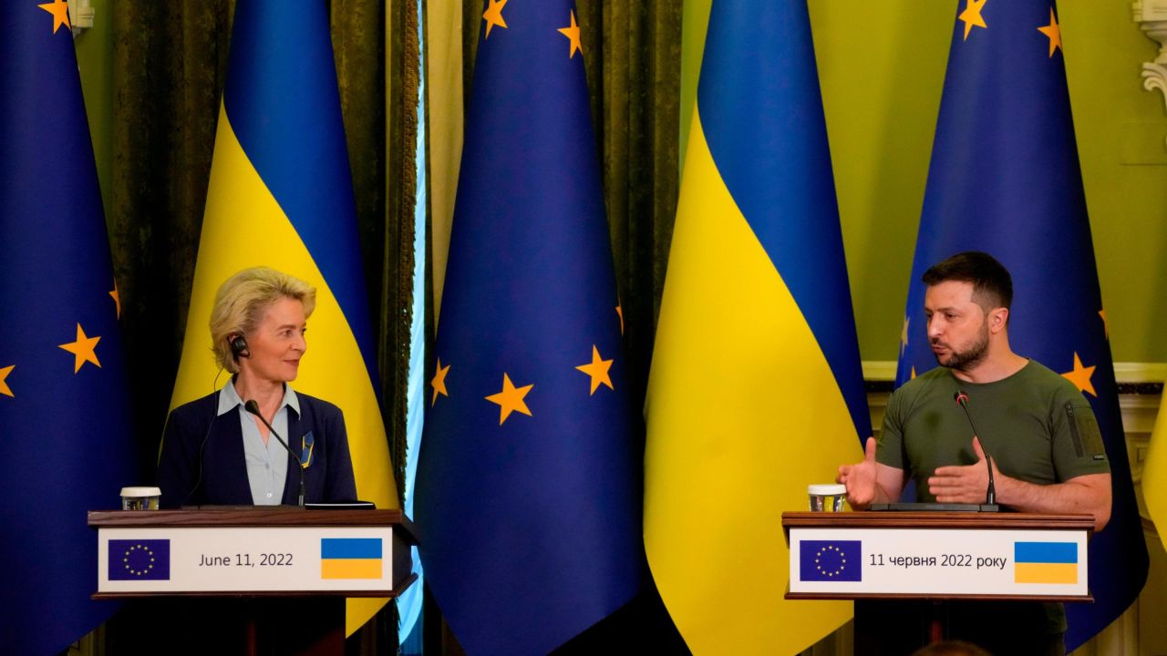 FILE - Ukraine President Volodymyr Zelenskyy speaks during a joint press conference with European Commission President Ursula von der Leyen, left, in Kyiv, Ukraine, Saturday, June 11, 2022. (AP Photo/Natacha Pisarenko, Filw)