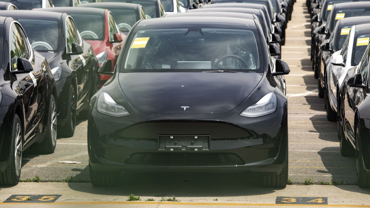 Tesla vehicles waiting for shipping transport in a lot near the Waigaoqiao Container Port in Shanghai in June.