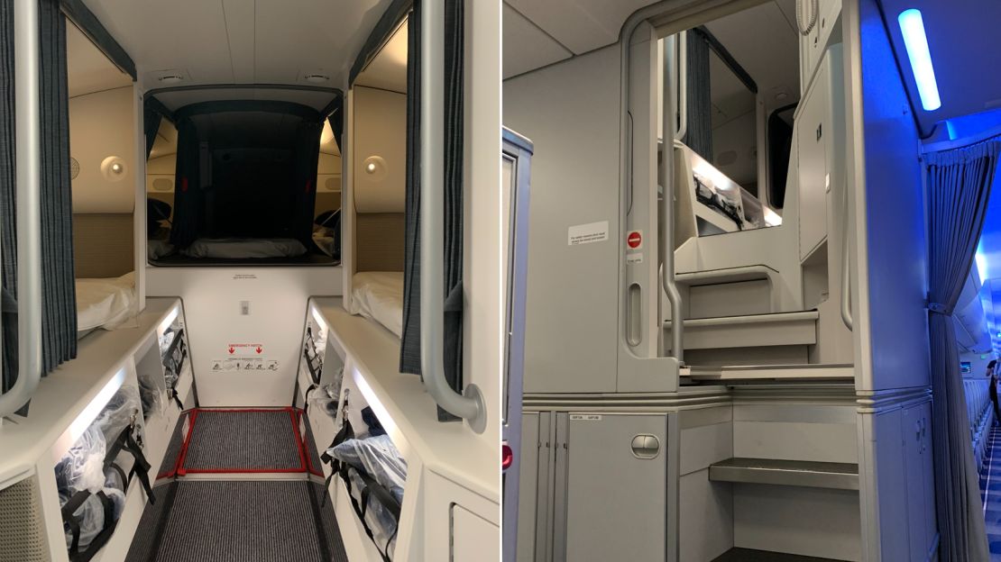 A split image of a Finnair A350 cabin crew rest area. On the right is the entrance, which is accessed from the forward galley.