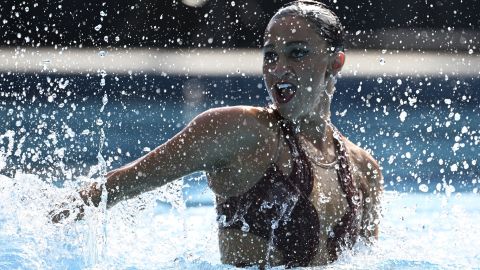 Anita Alvarez competes before collapsing during the solo free final of the artistic swimming at the FINA World Championships.