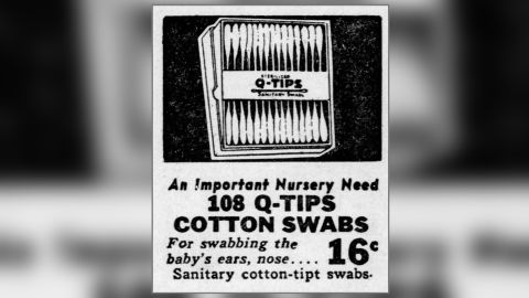 A Q-tips ad from 1945. Q-tips were originally designed for baby care.