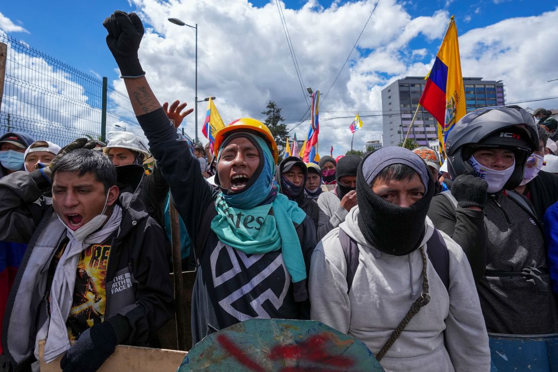 Protesters protesters march against President Guillermo Lasso's economic policies and demanding a fuel price cut in downtown Quito, Ecuador, Thursday, June 23, 2022. 