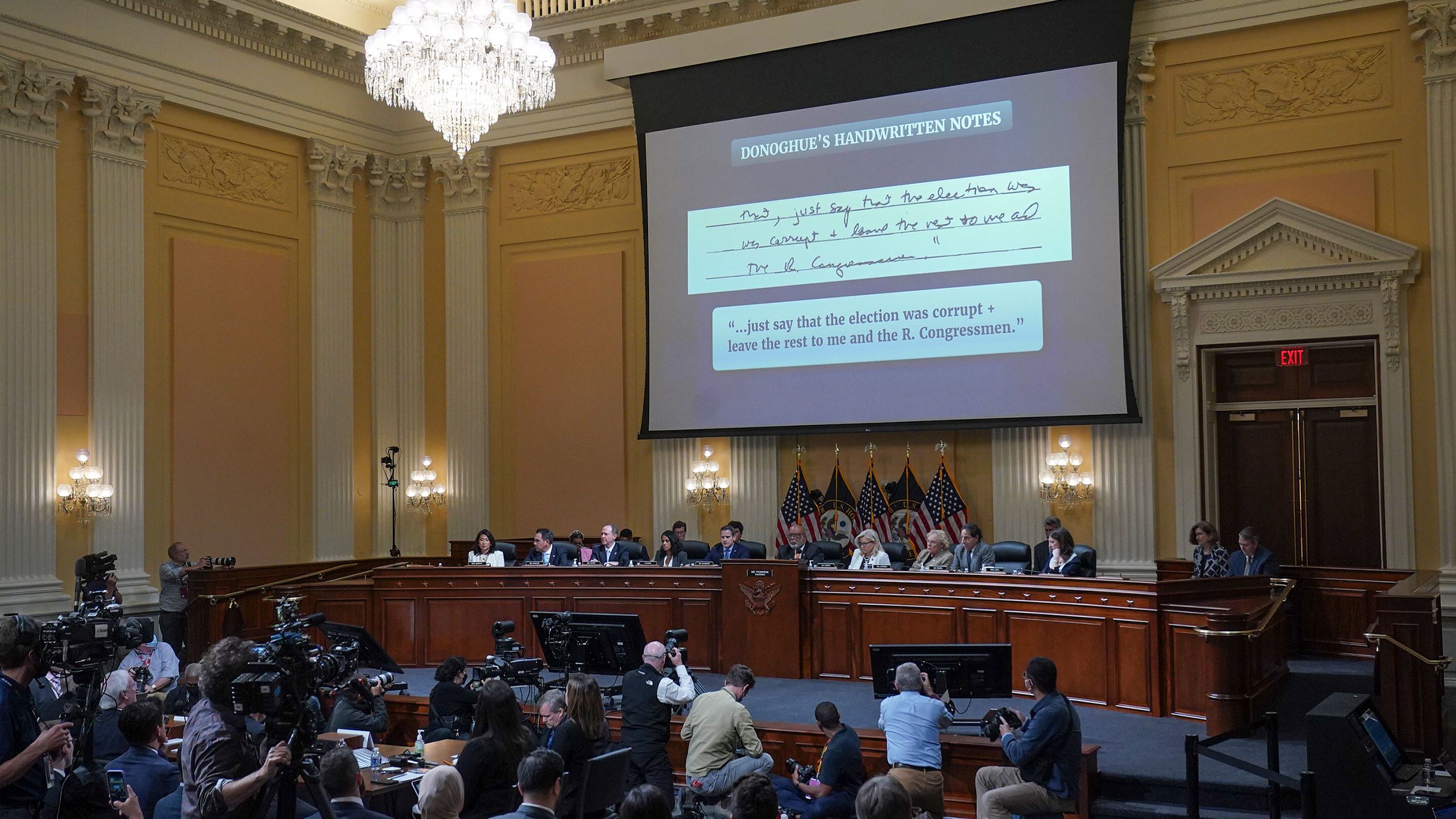 Handwritten notes from Donoghue are shown on a screen during the June 23 hearing. Donoghue said he had taken <a href="index.php?page=&url=https%3A%2F%2Fwww.cnn.com%2Fpolitics%2Flive-news%2Fjanuary-6-hearings-june-23%2Fh_c1c96a40f63a0e3d43768130159d2029" target="_blank">the notes</a> during a 90-minute conversation with Trump after Trump made a fraud allegation he "had not heard" before.