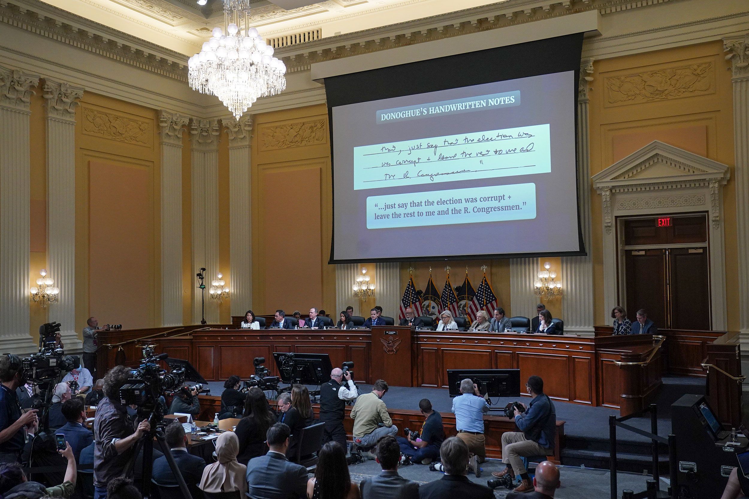 Handwritten notes from Donoghue are shown on a screen during the June 23 hearing. Donoghue said he had taken <a href="index.php?page=&url=https%3A%2F%2Fwww.cnn.com%2Fpolitics%2Flive-news%2Fjanuary-6-hearings-june-23%2Fh_c1c96a40f63a0e3d43768130159d2029" target="_blank">the notes</a> during a 90-minute conversation with Trump after Trump made a fraud allegation he "had not heard" before.