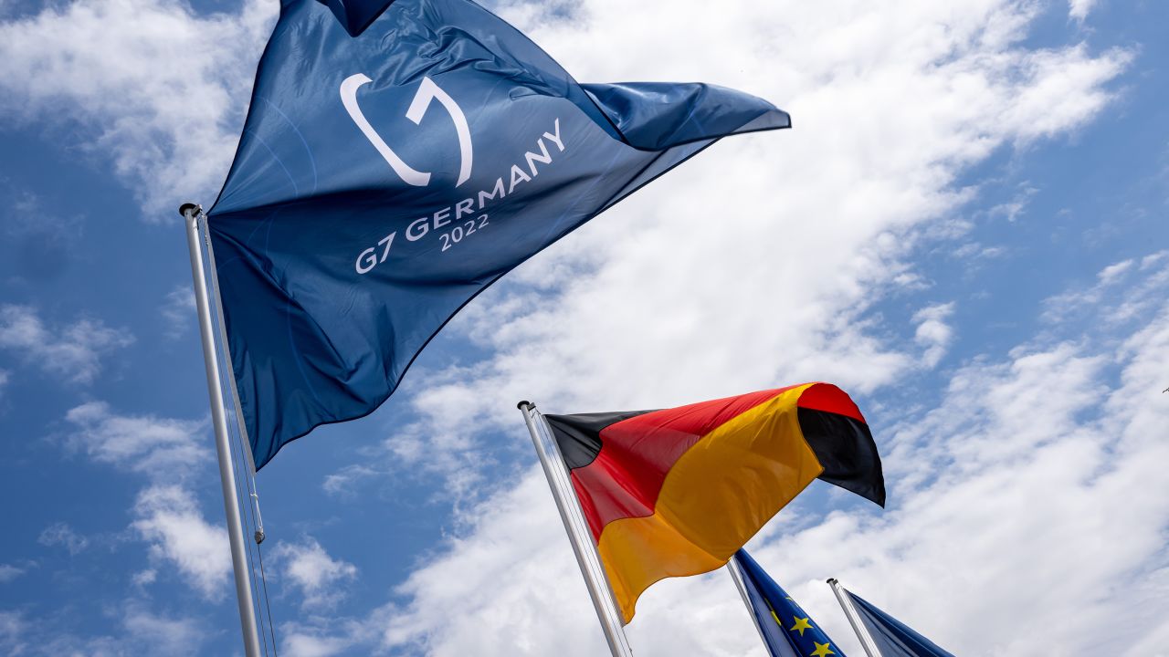 Flags representing the G7 Summit, Germany and the European Union fly ahead of the summit, scheduled to take place at Schloss Elmau in Germany's Bavaria region from June 26 to 28.