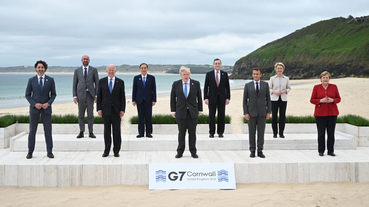 G7 leaders pose for the official welcome and family photo during the UK-hosted G7 Summit in Cornwall's Carbis Bay in June last year.