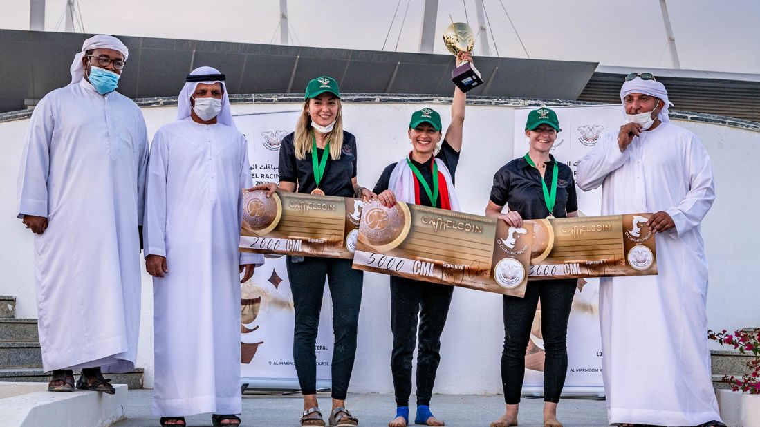 In November 2021, Krockenberger established the first official all-female camel racing team in the UAE. The members raced each other in the national camel racing championships, the C1. Pictured: the winning riders receiving their awards.