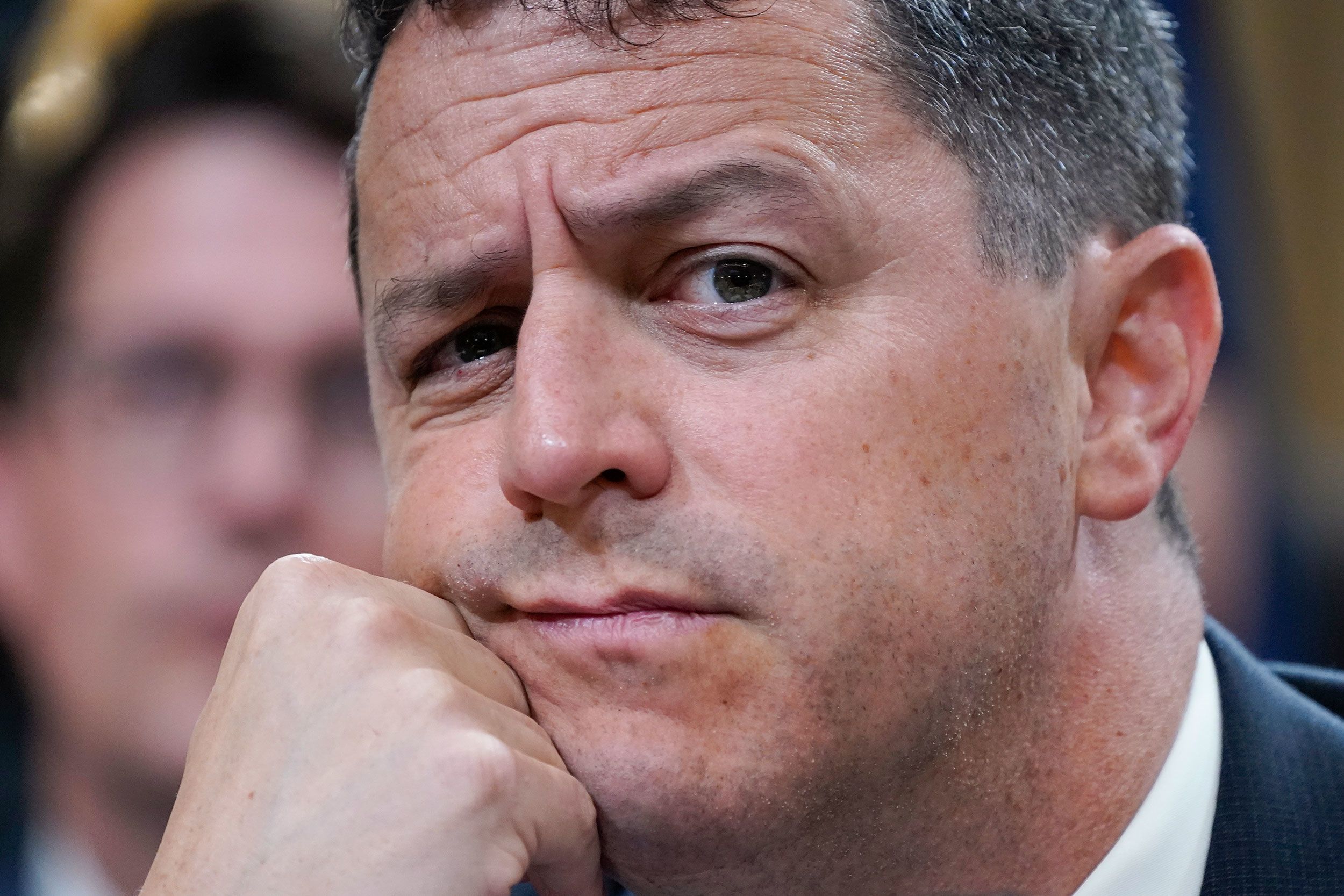 Steven Engel, former assistant attorney general for the Office of Legal Counsel, looks on during the June 23 hearing. <a href="index.php?page=&url=https%3A%2F%2Fwww.cnn.com%2Fpolitics%2Flive-news%2Fjanuary-6-hearings-june-23%2Fh_98283b0ff8bca2c479a314bd8eff3326" target="_blank">Engel testified</a> that there had been no legal basis to appoint a Justice Department special counsel to investigate voter fraud in 2020, even though Trump demanded it.