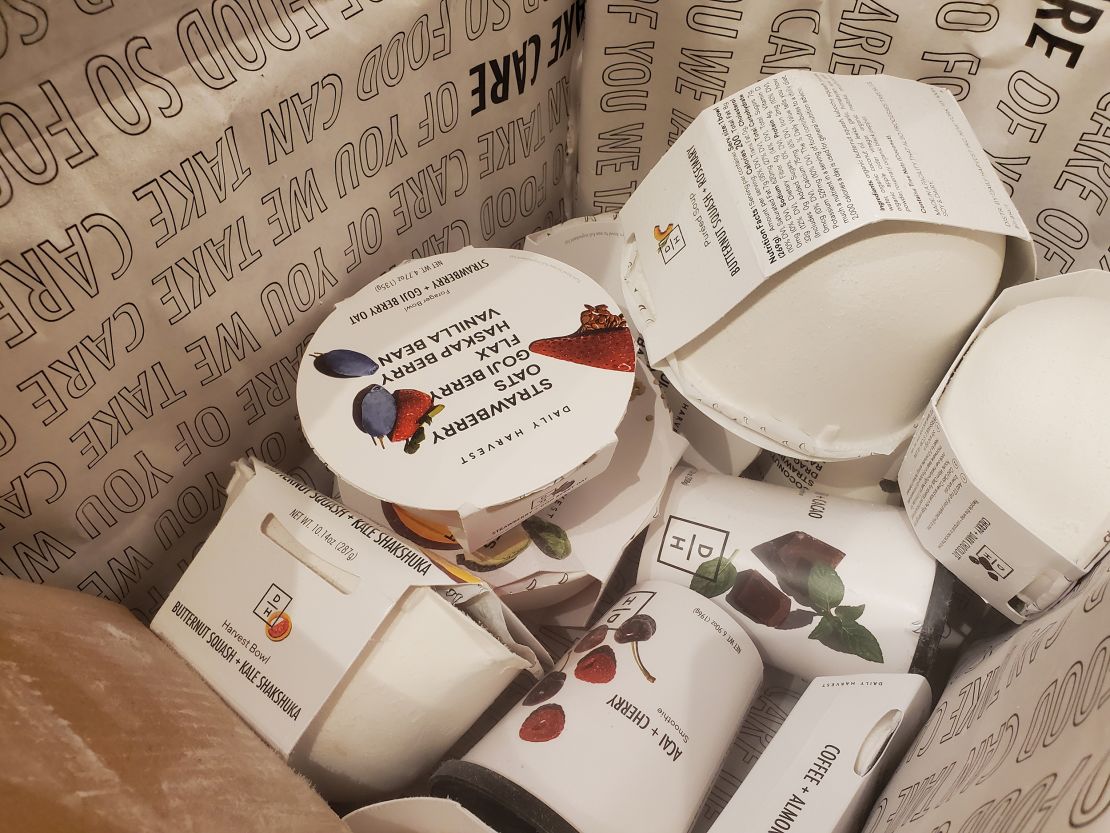 Various frozen healthy meal items (but not the crumbles that are part of the recall) are visible inside a Daily Harvest frozen meal kit box, Lafayette, California, October 14, 2021. (Photo by Gado/Getty Images)