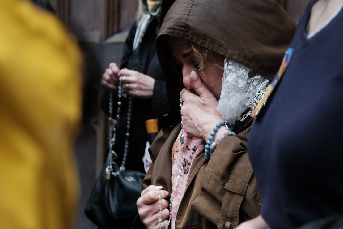 Anti-abortion rights activists confront a gathering of abortion-rights demonstrators outside a Catholic church in downtown Manhattan on May 7, 2022 in New York City.