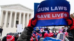 Supporters of gun control and firearm safety measures hold a protest rally outside the US Supreme Court as the Court hears oral arguments in State Rifle and Pistol v. City of New York, NY, in Washington, DC, December 2, 2019. - The case marks the first time in nearly 10 years that the Supreme Court has heard a Second Amendment gun ownership case. (Photo by SAUL LOEB / AFP) (Photo by SAUL LOEB/AFP via Getty Images)