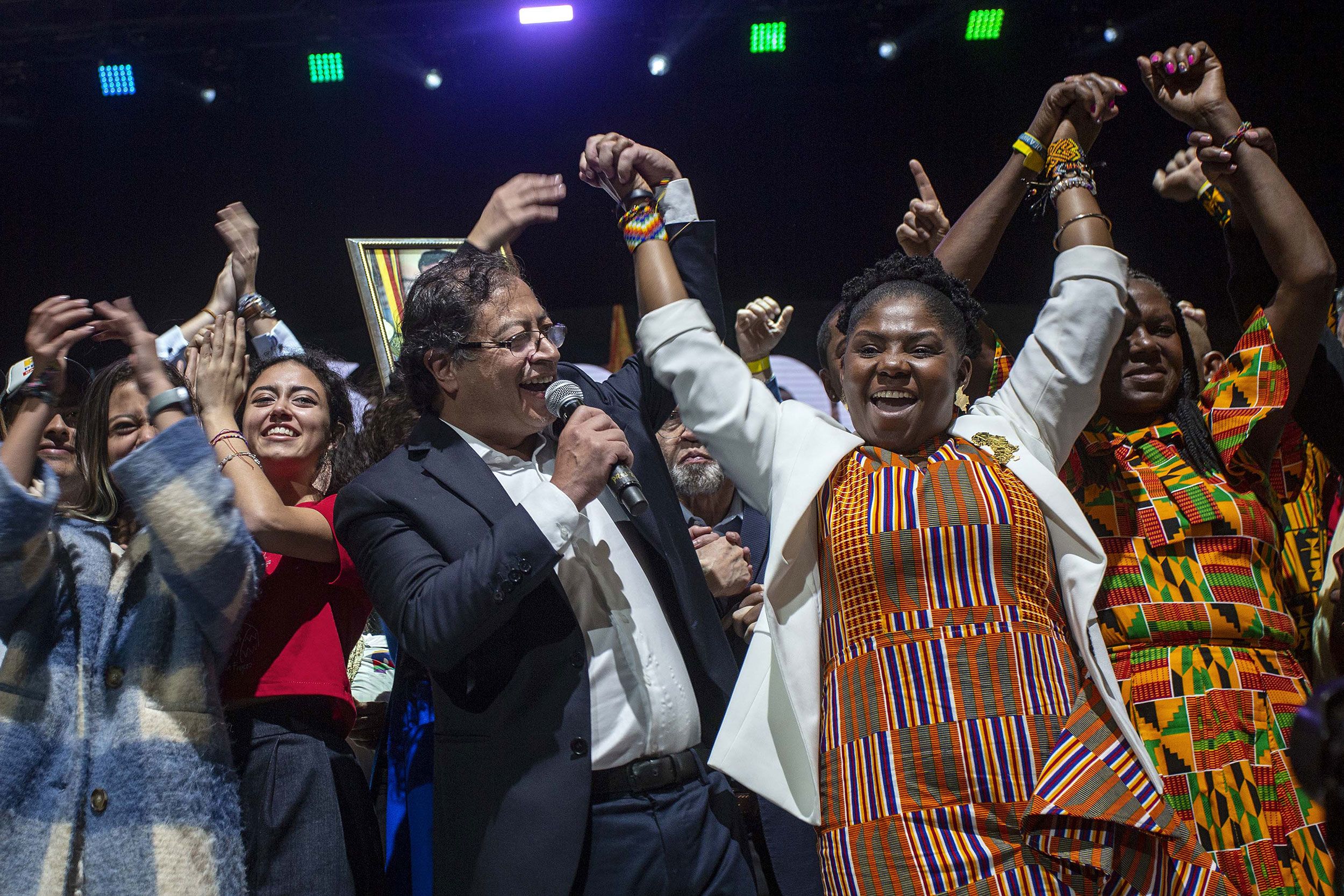 Gustavo Petro celebrates in Bogotá after winning Colombia's presidential election.