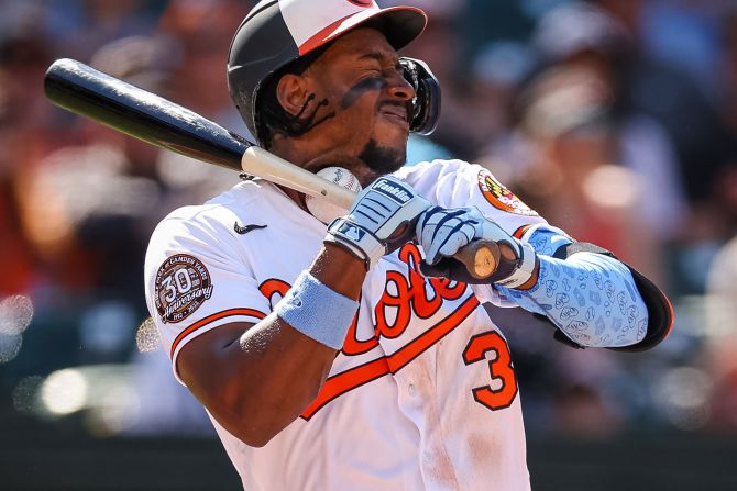 Baltimore Orioles shortstop Jorge Mateo is hit in the neck by a pitch during a Major League Baseball game against the Tampa Bay Rays in Baltimore, Maryland on Sunday, June 19.