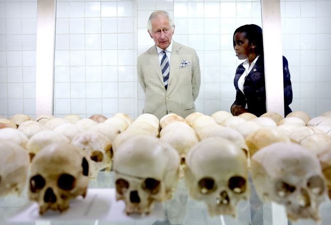 Britain's <a href="https://www.cnn.com/2022/06/22/africa/prince-charles-genocide-survivors-rwanda-intl/index.html" target="_blank">Prince Charles</a> is shown skulls of victims during a visit to the Nyamata Church Genocide Memorial in Nyamata, <a href="https://www.cnn.com/2014/04/07/world/africa/rwanda-genocide-reconciliation/index.html" target="_blank">Rwanda</a> on Wednesday, June 22. In 1994, Hutu extremists targeted minority ethnic Tutsis and moderate Hutus in a three-month killing spree that left an estimated 800,000 people dead, though local estimates are higher. 