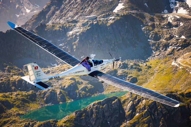 Swiss freeride snowboarder, base jumper and wingsuit pilot Géraldine Fasnacht prepares to jump out of SolarStratos, a solar-powered aircraft prototype, in Verbier, Switzerland on Saturday, June 18.