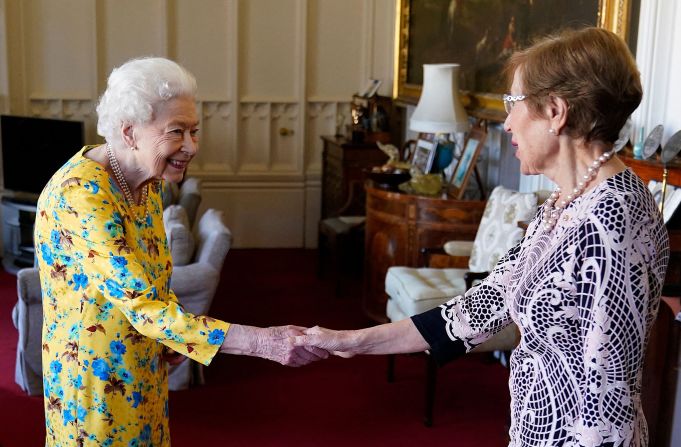 Britain's Queen Elizabeth II welcomes the Governor of New South Wales, Margaret Beazley, at Windsor Castle in England on Wednesday, June 22. 