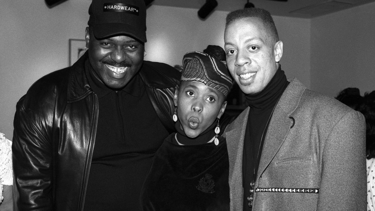 Frankie Knuckles (aka Francis Warren Nicholls, Jr.), Boogie Down Productions rapper Harmony and producer David Cole (David Byron Cole) of C+ C Music Factory attend a party on November 10, 1991 in New York City. 