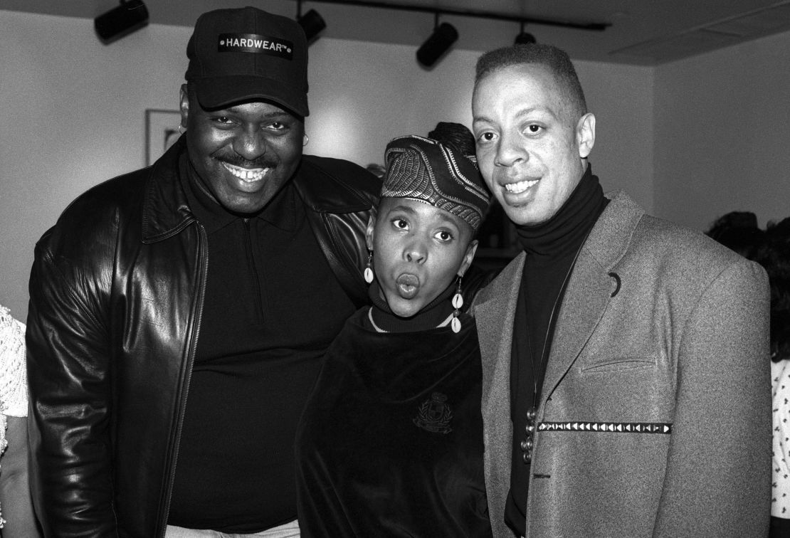 Frankie Knuckles (aka Francis Warren Nicholls, Jr.), Boogie Down Productions rapper Harmony and producer David Cole (David Byron Cole) of C+ C Music Factory attend a party on November 10, 1991 in New York City. 