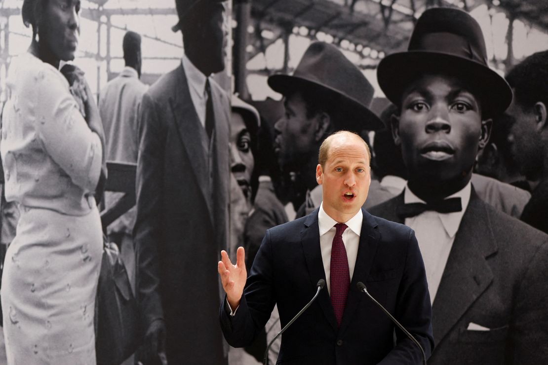 Prince William speaks during the unveiling of the National Windrush Monument at Waterloo Station in London on Wednesday.