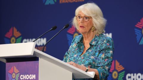 Camilla, Duchess of Cornwall makes a speech as she attends a Violence Against Women and Girls event at the Kigali Convention Centre on Thursday.