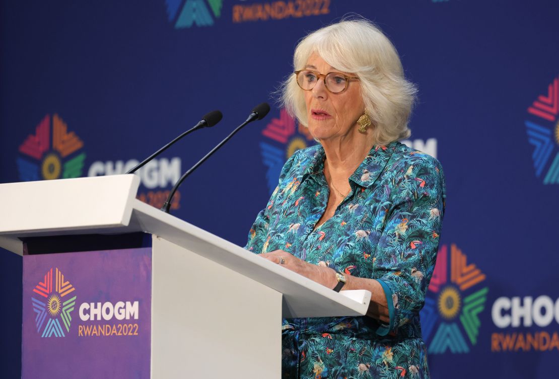 Camilla, Duchess of Cornwall makes a speech as she attends a Violence Against Women and Girls event at the Kigali Convention Centre on Thursday.