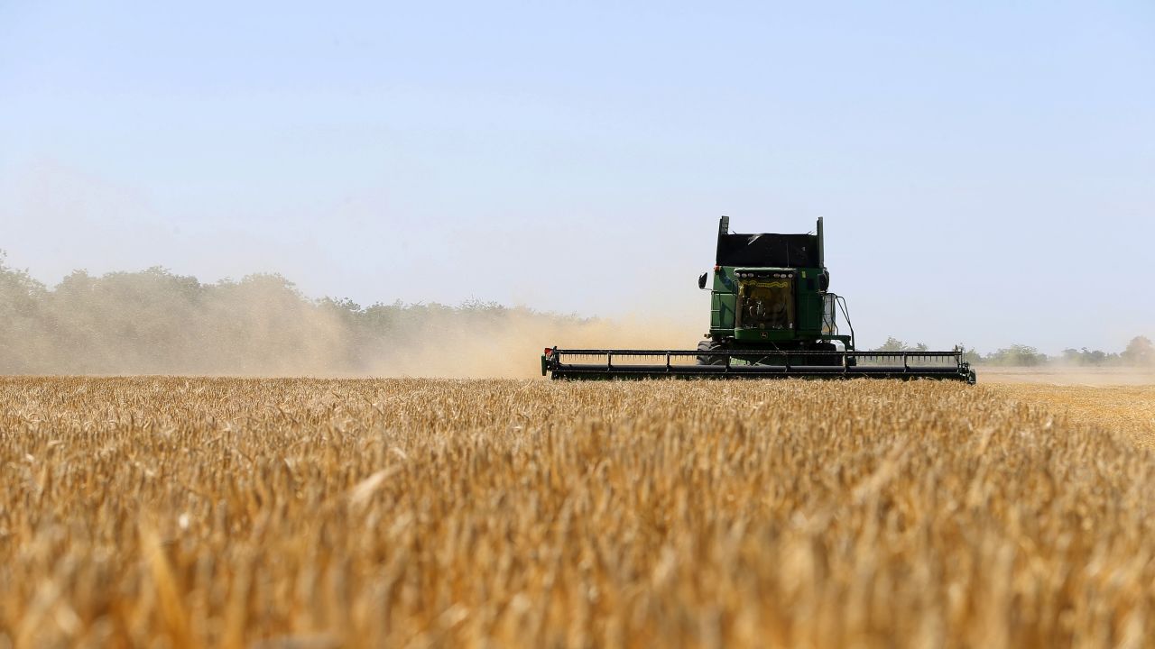 Ukrainian farmers harvest barley fields in Odesa region, Ukraine, on June 22, 2022.