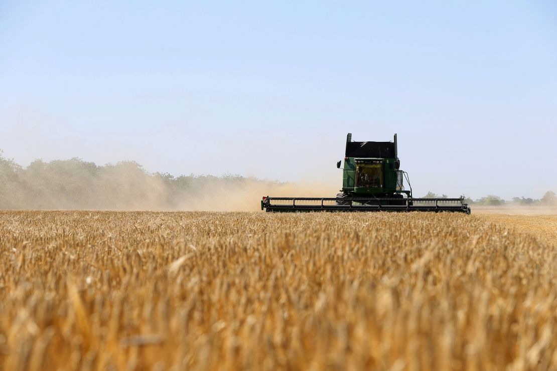 Ukrainian farmers harvest barley fields in Odesa region, Ukraine, on June 22, 2022.